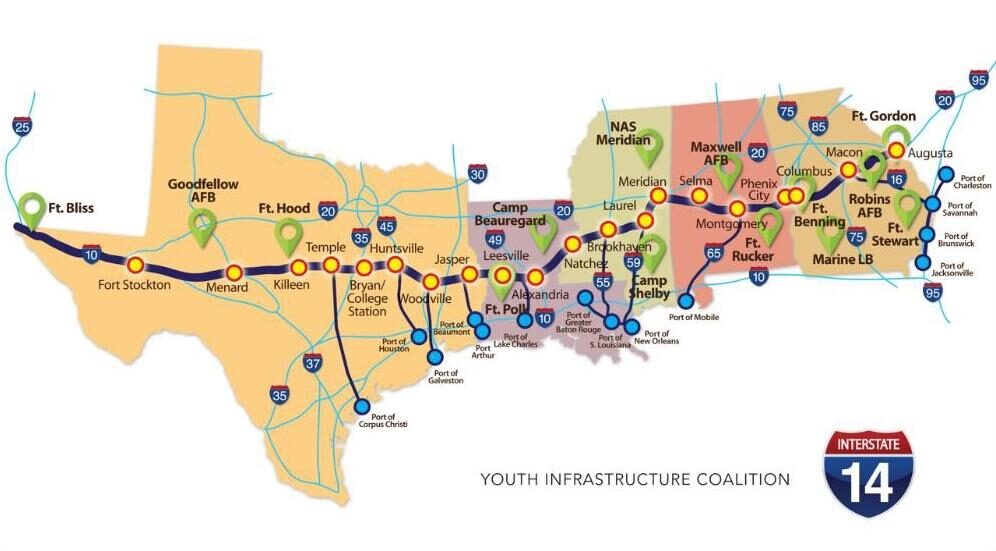 a map graphic of the interstate 14 route across Texas, Louisiana, Mississippi, Alabama and Georgia